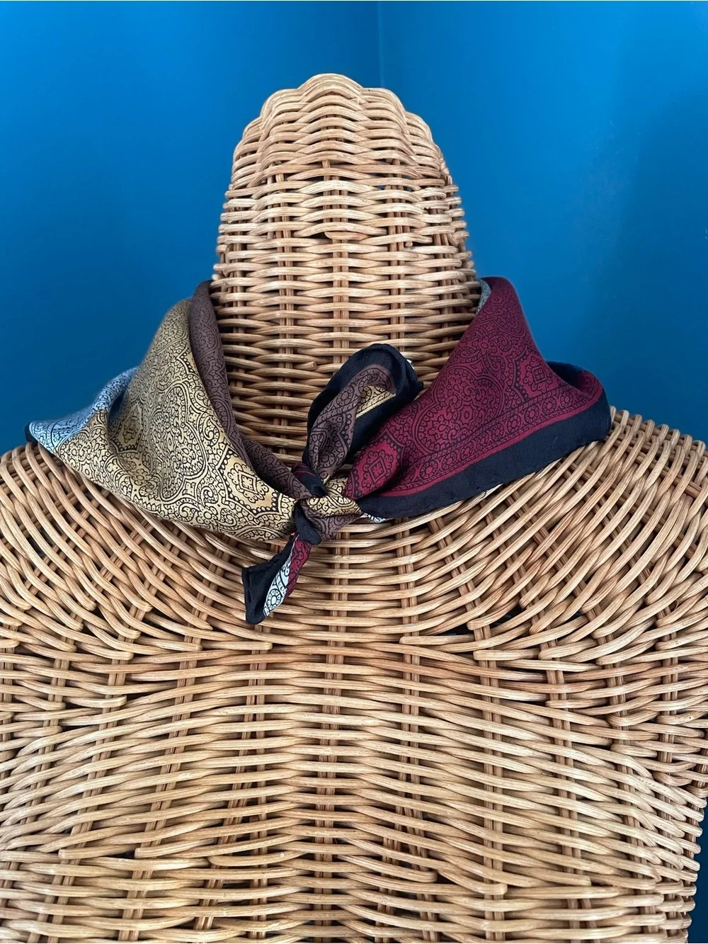 Silk Neckerchief Square Scarf EUC Approximately 18” x 18” Silver, Red, Blue Gold